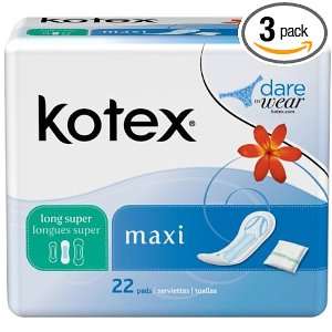 Kotex Maxi Long Super Pads, 22 Count Packages (Pack of 3 
