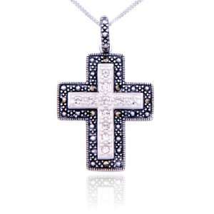  Sterling Silver Marcasite and Crystal Cross Pendant, 18 