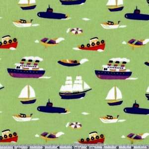  45 Wide Flannel Boats Lime Fabric By The Yard: Arts 
