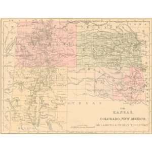   1886 Antique Map of Kansas, Colorado, New Mexico and Indian Territory