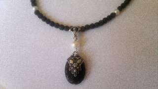 Sterling silver hamsa necklace black lava stones pearls collier chamsa 