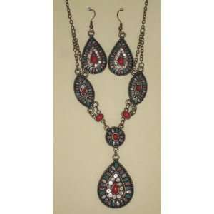  Brassy tone Pendant Necklace and Earring Set (Reds 