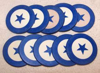 10 Vintage Inlaid Clay Poker Chips PW QJ Star Blue  