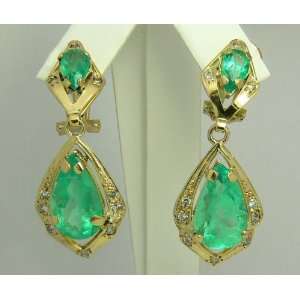   Colombian Emerald & Diamond ,Gold Dangle Earrings 