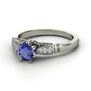   Elizabeth Ring, Round Sapphire Sterling Silver Ring with Diamond