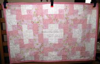   Pink Baby Quilt 33 X 45 flowers girl crib patch LOG CABIN star v4