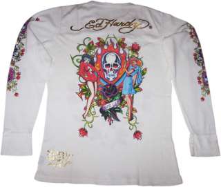 New Mens Ed Hardy White Beautiful Ghost Thermal T Shirt  