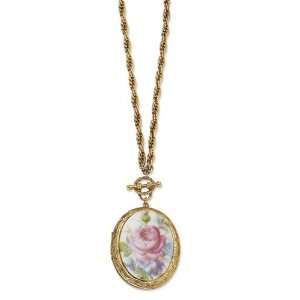  1928 Boutique Gold tone Pink Flower Decal Locket 30 