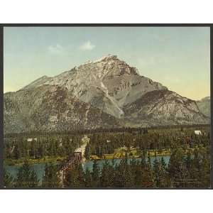 Cascade Mountain,range,bridge,buildings,pines,river,Banff,Alberta 