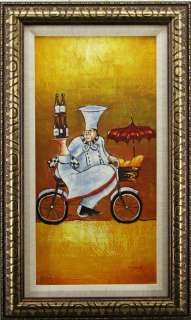   Cook Riding Bicycle Wine Bread Umbrella Art FRAMED OIL PAINTING  