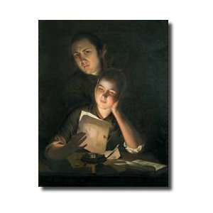  A Girl Reading A Letter By Candlelight With A Young Man 