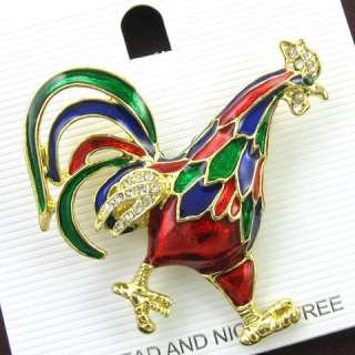 Chicken Rooster Farm Animal Color Stone Crystal Costume Brooch Pin 