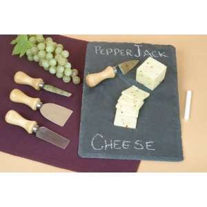  Slate Cheese Board with Four Knifes and Chalk, 6 Pcs Set 