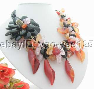 Excellent 4Strds Onyx&Citrine&Carnelian&Crystal Necklace