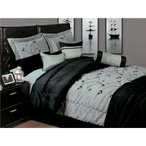 7Pcs King Black and Silver Embroidered Comforter Set