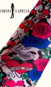 SEXY CLUB DANCER HEART TATTOO FLORAL ROSES LOVE ME LEGGINGS JEGGINGS 