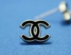 CHANEL Pierced Earrings Black Silver 04P EXCNT BOX Authentic CC Logo 