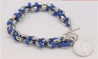 Fashion Tribal Weaving Blue Leather Coin Link Toggle Bracelet  