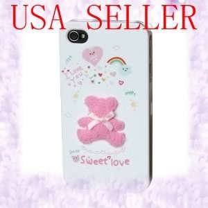  Cute Lovely 3D Pink Plush Bear with Silk Bow White Case 