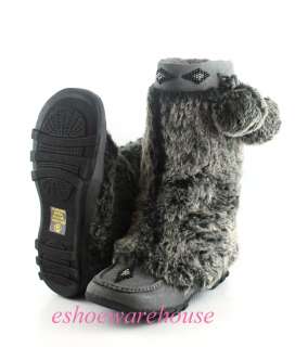 Gray Faux Fur Cutie Chic Eskimo Mukluk Moccasin Flat Mid Knee Boots 