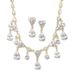  Pear CZ Dangles Gold Wedding Necklace Set 