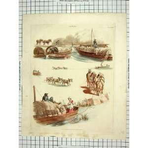  1824 Colour Print Canal Locks Boats Horses Ackermann