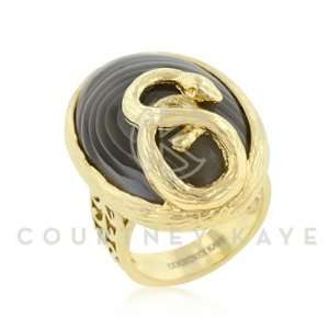 14k Gold Bonded Textured Agate Solitaire Cocktail Snake Ring Hoisted 