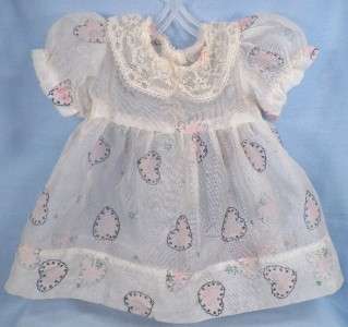 Darling Vintage WHITE ORGANZA DOLL DRESS w PINK HEARTS 1940s 1950s 