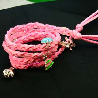 Pink Velvet Rope Braid Leather Charm Pendant Bracelets  