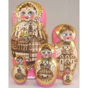   Woodburned Churches 5 Piece Russian Wood Nesting Doll
