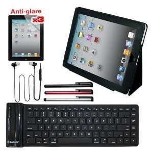   Rotating Leather Case + Black Bluetooth Silicone Roll Up Keyboard for