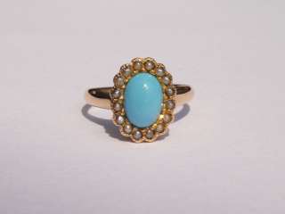   VICTORIAN TURQUOISE & SEED PEARL FANCY VINTAGE 10K GOLD RING N/R