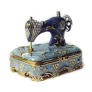   Swarovski Crystal Enamel Blue Sewing Machine Keepsake Box: Jewelry