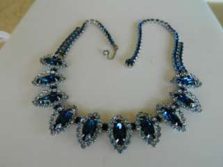 Vintage Weiss Sapphire blue iced rhinestone necklace,Tiered brooch 