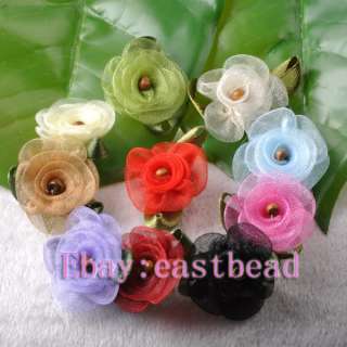 FREE SHIP 120pcs Mixed Colour Satin Ribbon Flower With Beads Appliques 