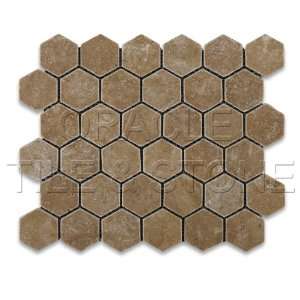  Noce Travertine Tumbled 2 Hexagon Mosaic Tile on Mesh   6 