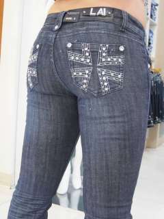 LA IDOL Dark Stretch Rhinestone Jeans BOOTCUT, SKINNY  