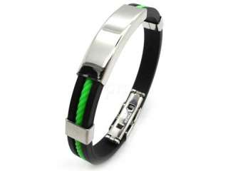 Mens green coil black rubber Bangle Stainless Steel charm Bracelet 