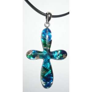  16 Black Rubber Cord with Blue Cross Pendant: Jewelry