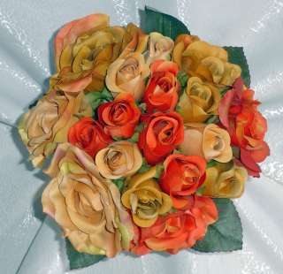 Orange Cognac Camo Persimmon Rose Roses Bridal Bouquet Silk Wedding 