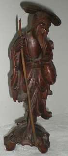 Antique Chinese Wood Carving   Man with Staff and Jug  