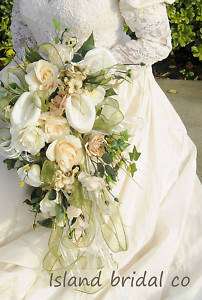 BRIDE WEDDING BOUQUET IVORY FLOWERS ROSE LILY 16 PC  