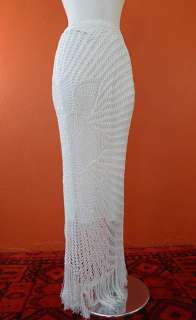 vtg Boho WHITE Cutout CROCHET Hippie FRINGE Wedding MAXI Skirt Asymm 