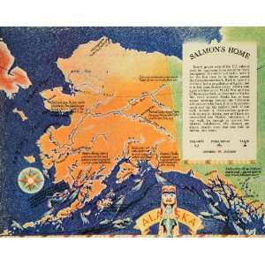 1935 Print Map Alaska Home Fishing Yukon River Salmon Fish Bering Sea 