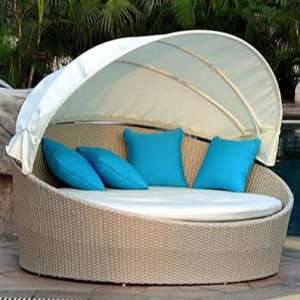  Biege Wicker Lounge Bed with Canopy Patio, Lawn & Garden