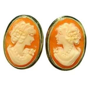  Cameo Earrings 14k Gold Carnelian Conch Shell Master Carved Jewelry