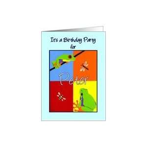 Birthday party invitation for Peter   Colorful frogs bee dragonfly 