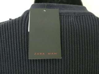 ZARA men sweater cardigan navy blue military buttons authentic cotton 