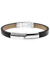 Emporio Armani Mens Bracelet, Stainless Steel Black Leather Bracelet 