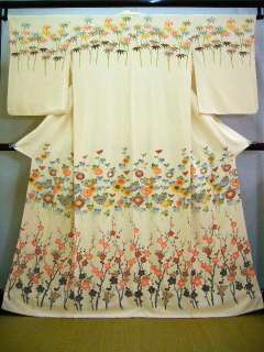 A525I Vintage Japanese Kimono HOUMONGI Off White Bamboos Silk  